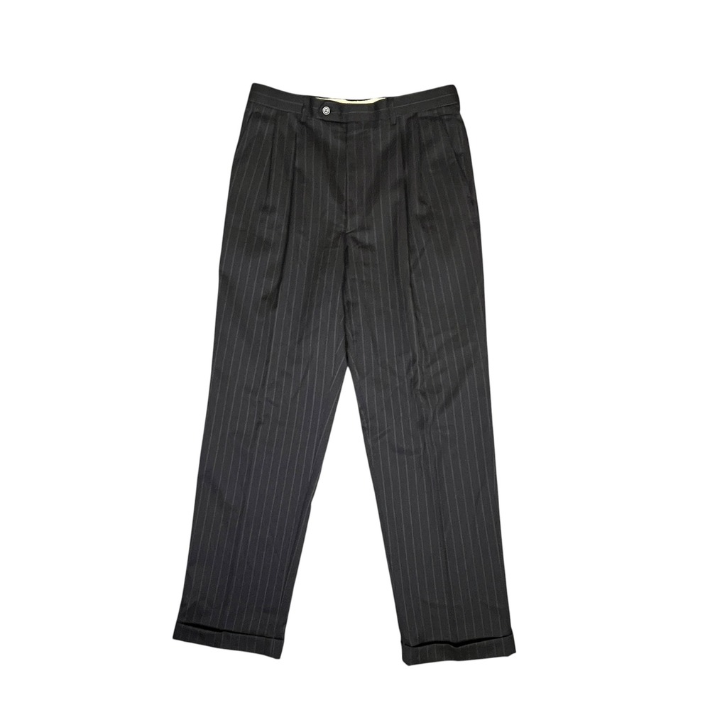 Chaps Dress Pants Men 32x32 Black Pinstripe Pleated Wool Trousers Cuffed Vtg 90s